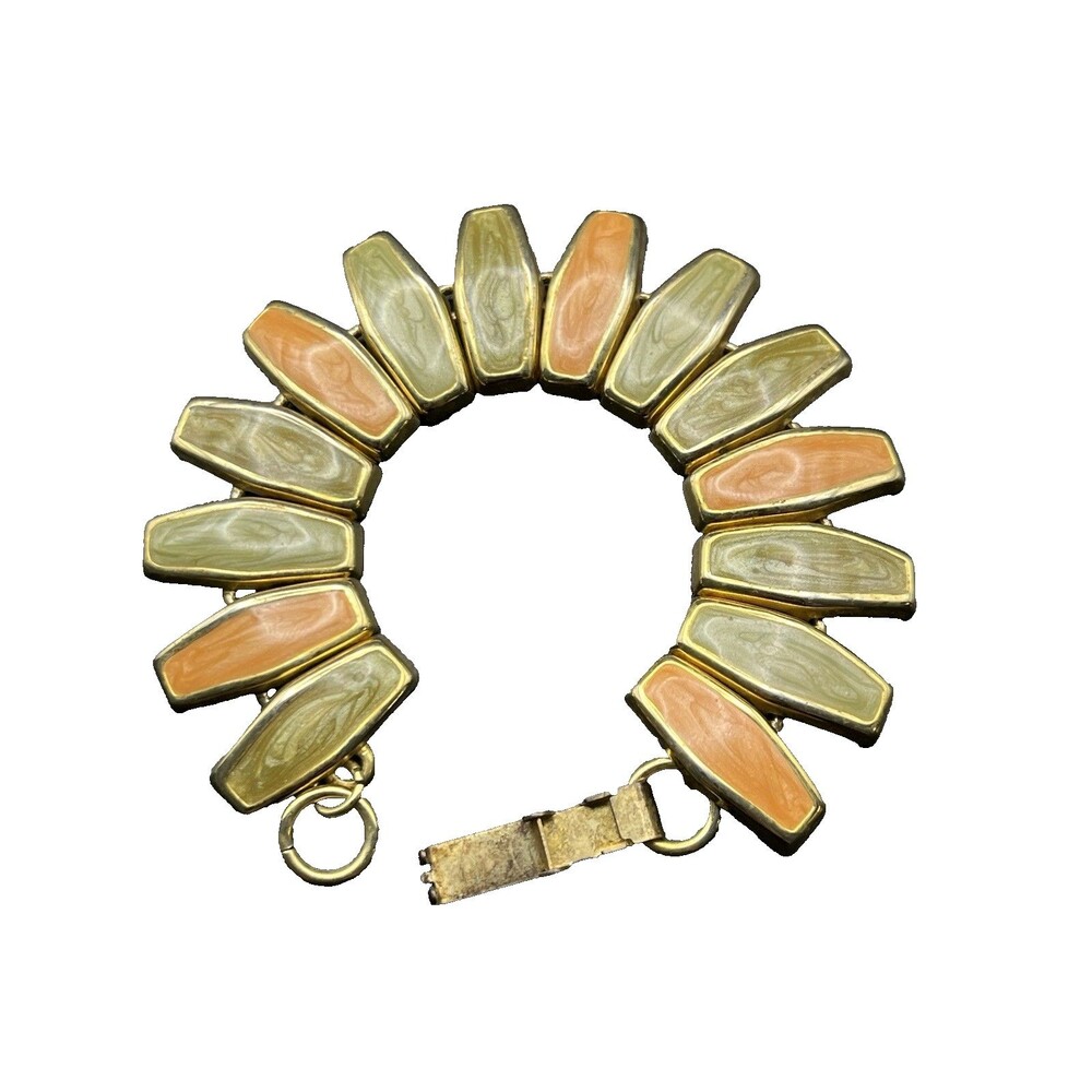 Vintage Mid Century Mod Unmarked Gold Tone Thermoset Bracelet Orange Green Gold